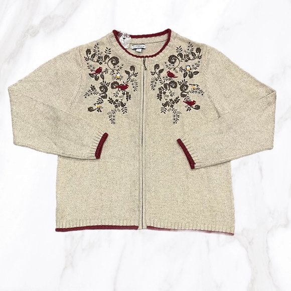 NWOT Croft & Barrow Silk Blend Embroidered Cardinal Full-Zip Cardigan, Size L - Picture 1 of 5